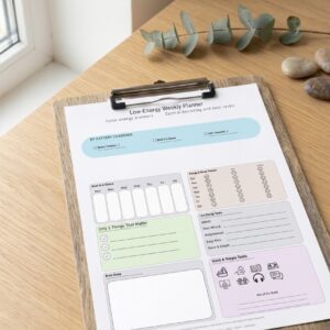 A printable low-energy weekly planner displayed on a minimalist desk