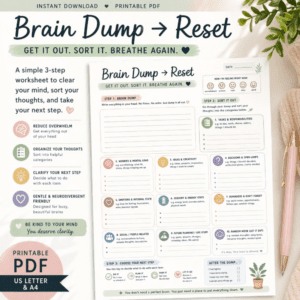 ADHD brain dump worksheet to sort thoughts, reduce overthinking and choose a next step