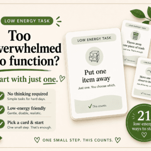 Printable ADHD cleaning cards with low-energy task prompts for overwhelmed rooms and stuck days