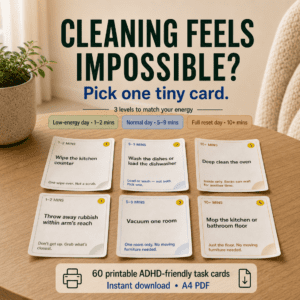 60 printable ADHD cleaning task cards with microtasks, energy levels and chore prompts