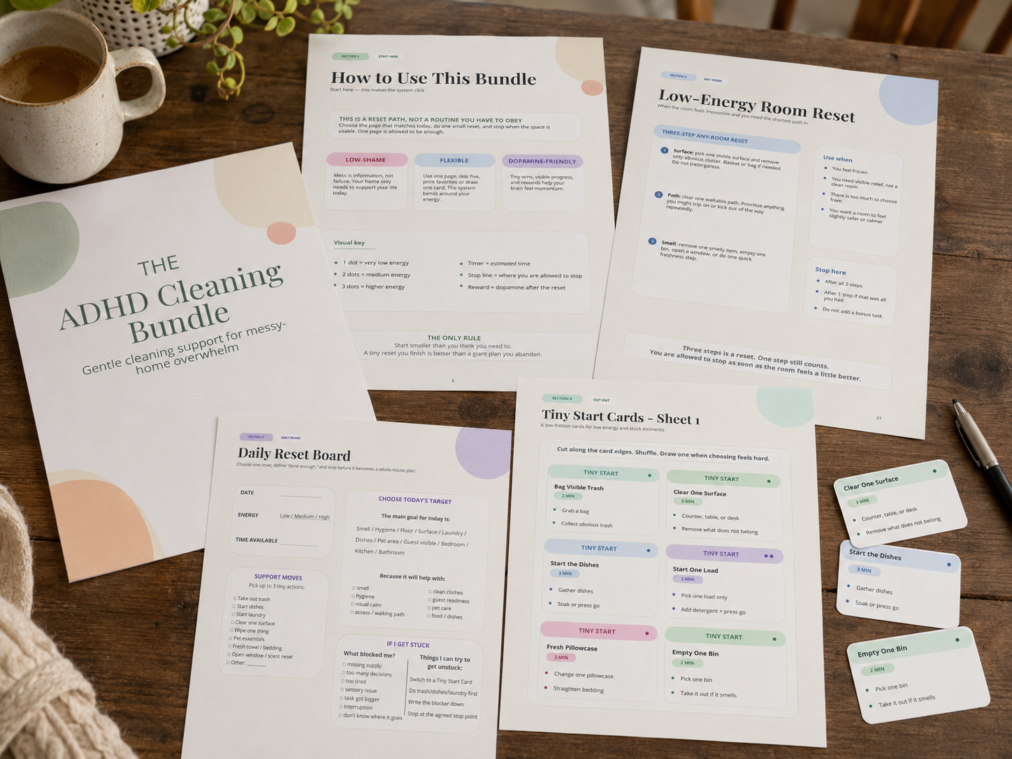 Printable ADHD Cleaning Planner Bundle pages with room reset worksheets, low-energy cleaning support, and task cards for adults.