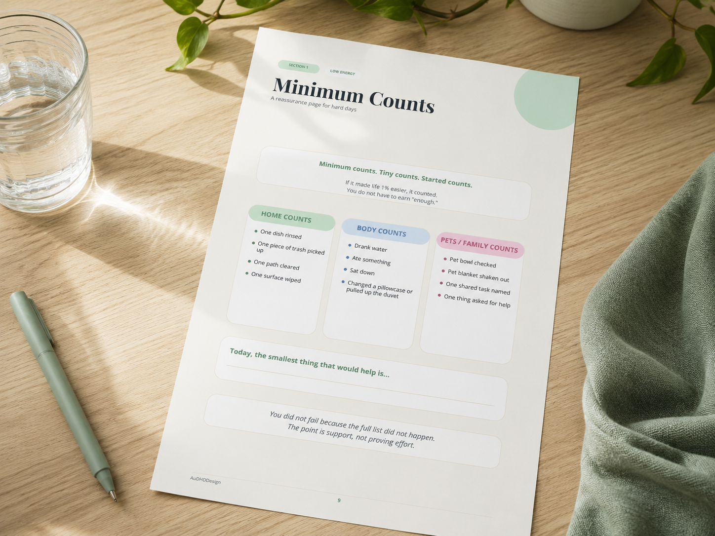 Minimum Counts printable worksheet from the ADHD Cleaning Planner Bundle with low-energy cleaning prompts for hard days.