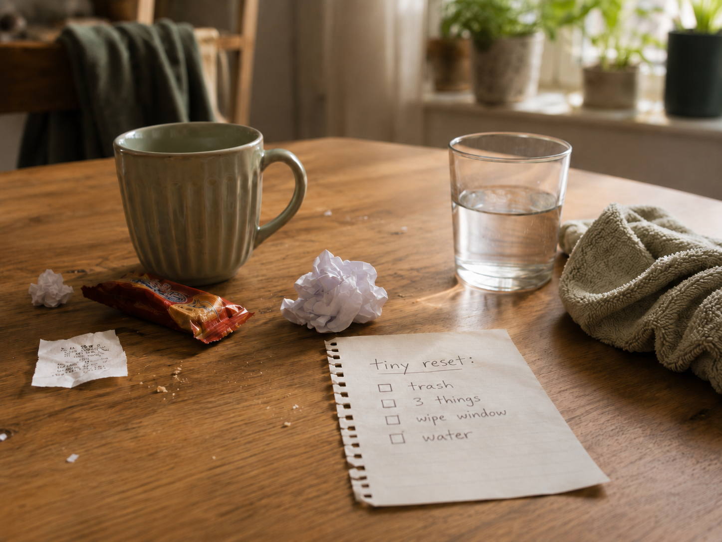 Five-minute ADHD cleaning reset with a mug, water glass, cloth, small trash items, and a handwritten tiny reset checklist.