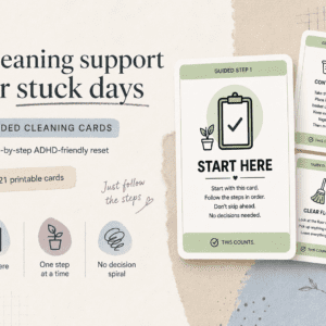 Printable ADHD decluttering cards with step-by-step room reset support for overwhelmed cleaning