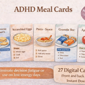 Printable ADHD meal cards with low-energy food ideas for executive dysfunction and decision fatigue