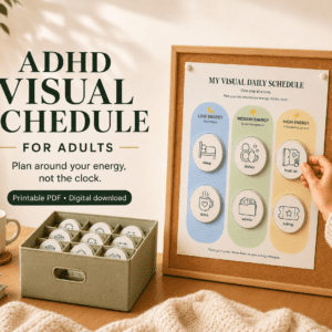 ADHD visual schedule for adults with energy-based routine board and movable icons