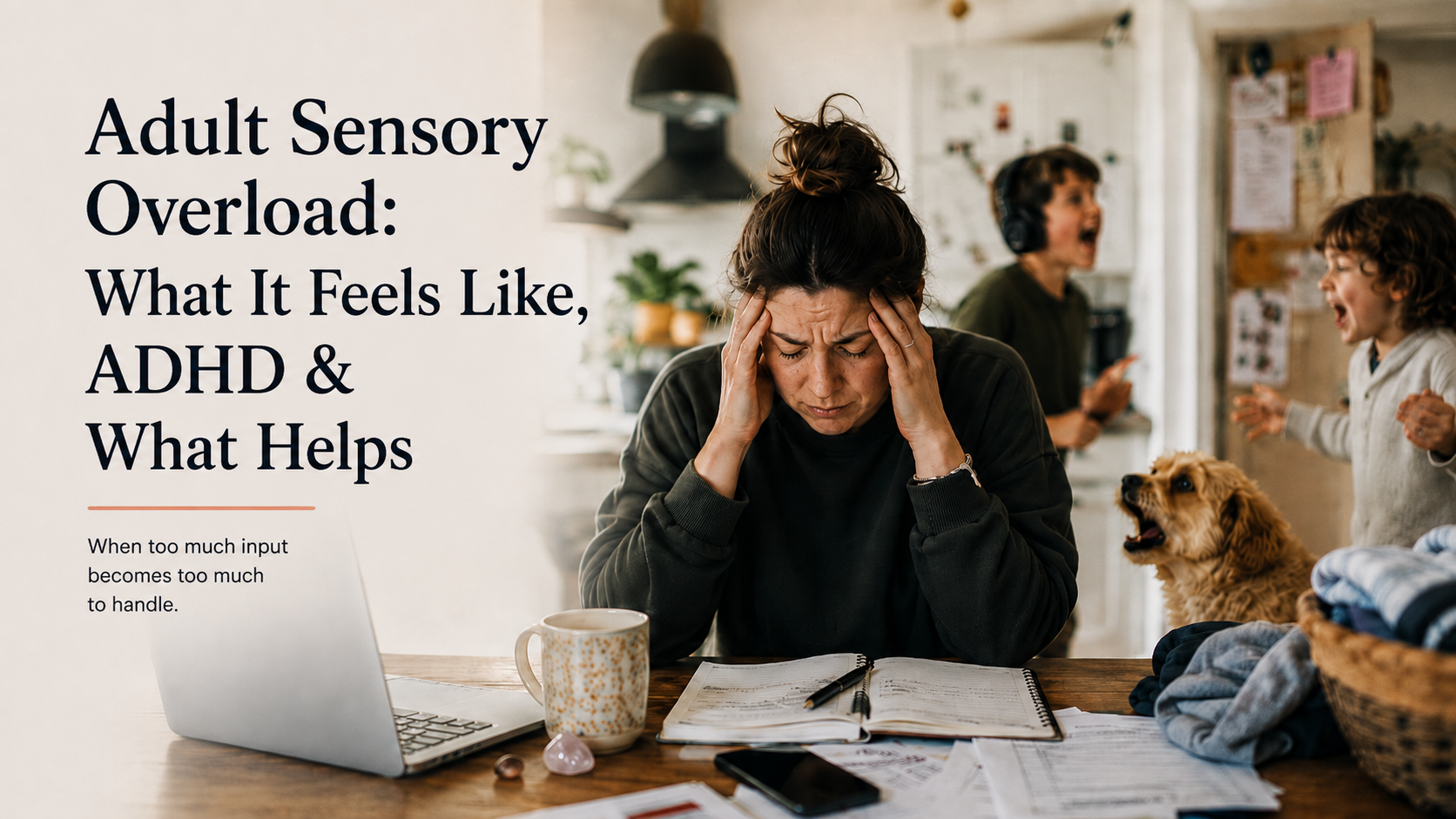 Adult sensory overload at home with ADHD symptoms, showing an overwhelmed woman surrounded by household noise, children, and daily demands.
