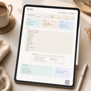 A digital ADHD daily planner open on a tablet, showing an energy check-in, priority boxes, hourly schedule, brain dump, selfcare list, and win of the day section for flexible daily planning.