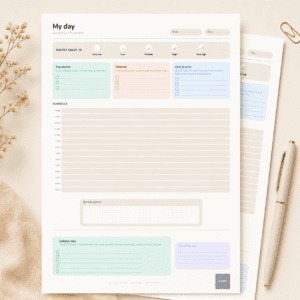 A printable ADHD daily planner showing an energy check-in, priority boxes, hourly schedule, brain dump, selfcare space, and win of the day section for low-pressure daily planning.