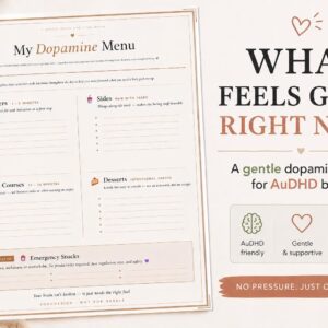 Printable dopamine menu for ADHD and AuDHD adults with feel-good activity ideas for motivation, self-care and executive dysfunction support.