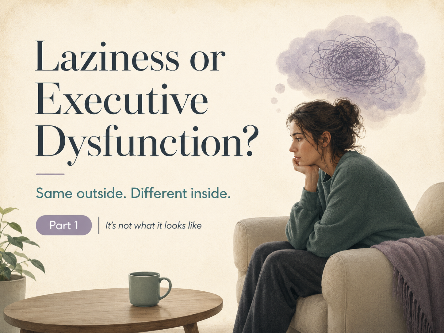 Featured image for an article about laziness vs executive dysfunction, showing a woman stuck on the couch with a mug in front of her and a tangled thought cloud, representing the difference between looking lazy and feeling stuck inside.