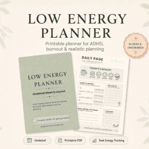 Low energy ADHD planner printable for burnout, pacing, time blindness and realistic planning