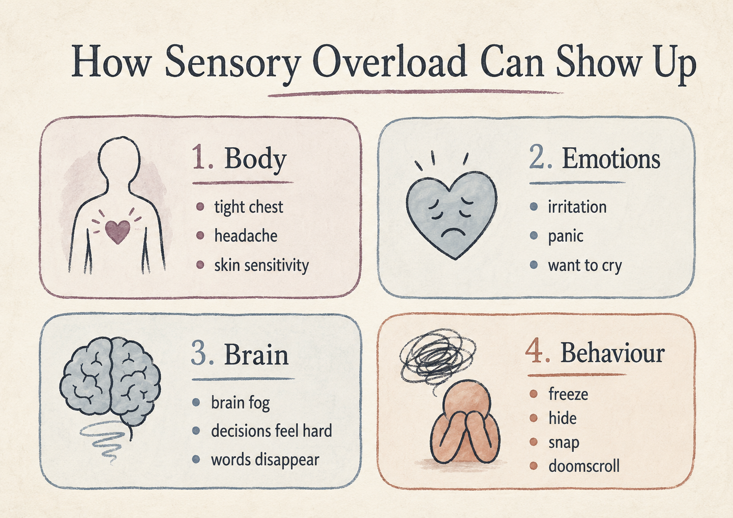 Infographic showing sensory overload symptoms in adults across body, emotions, brain, and behaviour.