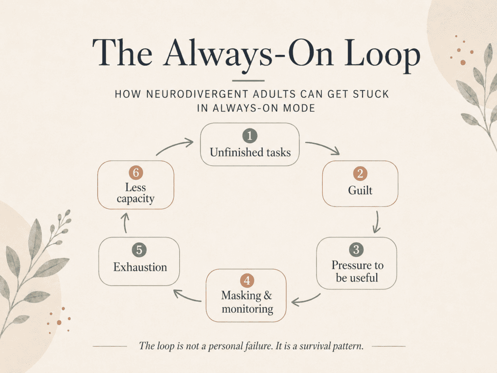 A soft infographic showing the always-on loop in neurodivergent adults: unfinished tasks, guilt, pressure to be useful, masking and monitoring, exhaustion, and less capacity.
