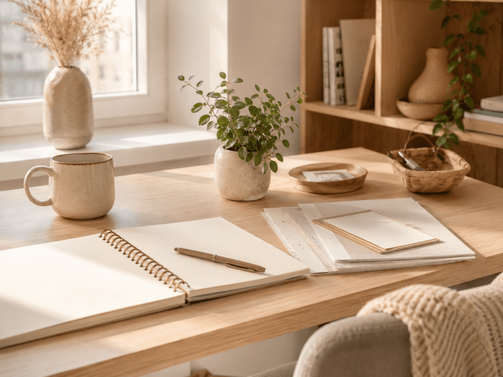 Calm desk setup with printable ADHD and AuDHD support tools for planning, routines and overwhelm