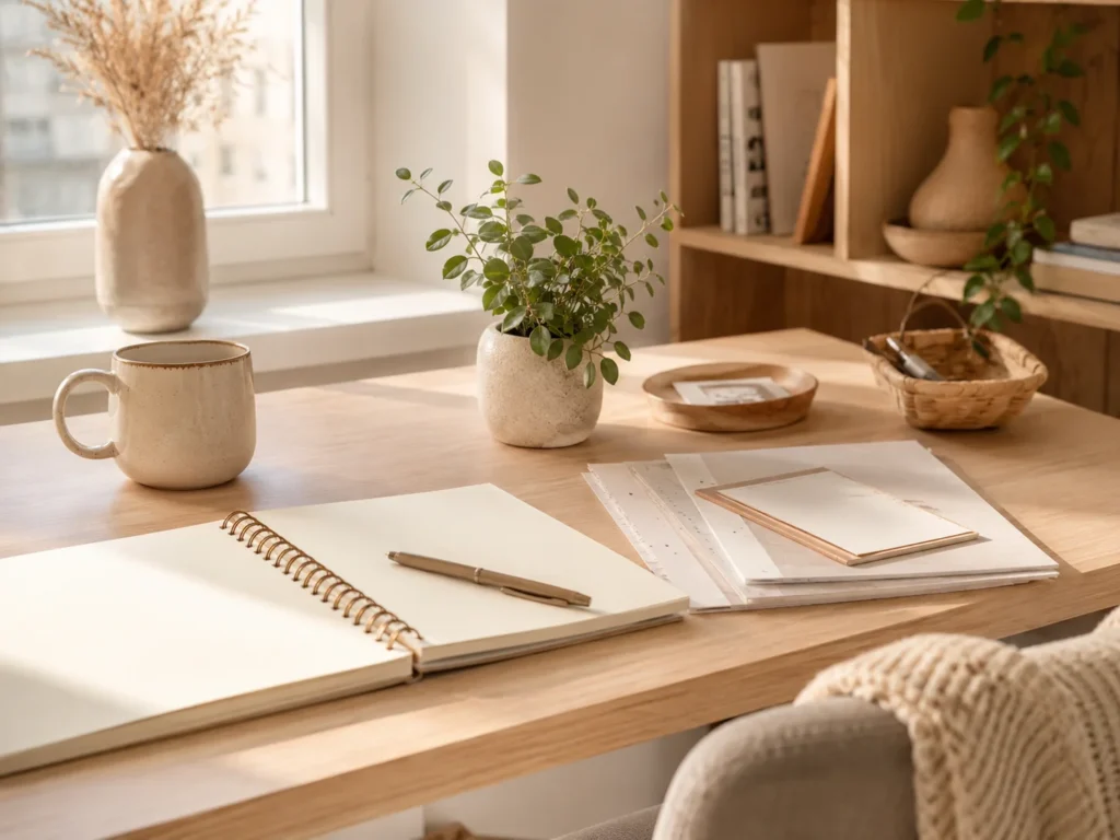 Calm desk setup with printable ADHD and AuDHD support tools for planning, routines and overwhelm