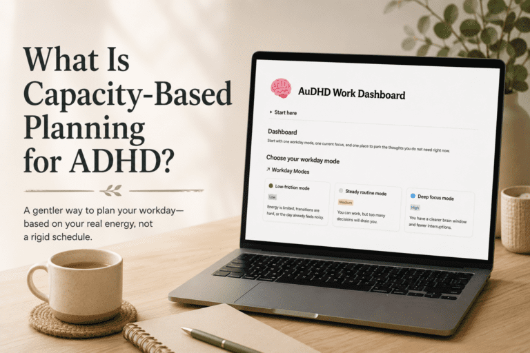 Capacity-based planning for ADHD blog hero showing an AuDHD Work Dashboard on a laptop with a calm workspace background