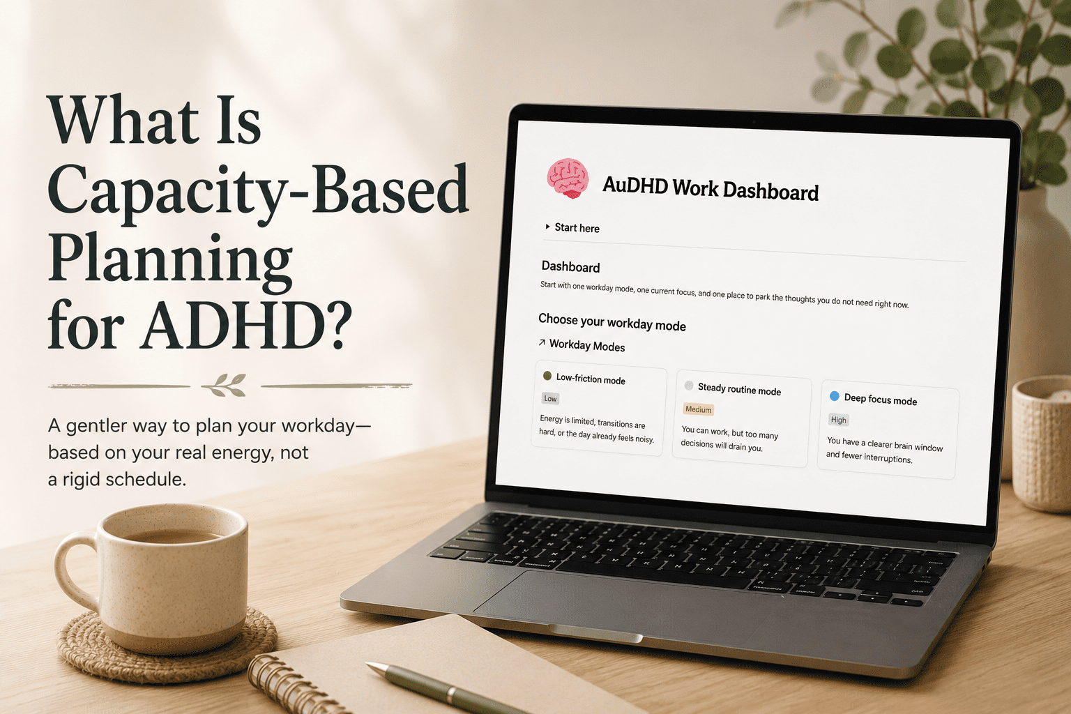 Capacity-based planning for ADHD blog hero showing an AuDHD Work Dashboard on a laptop with a calm workspace background