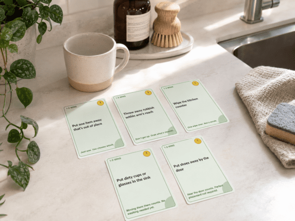 Printable low-energy task cards for executive dysfunction and cleaning styled on a kitchen counter.
