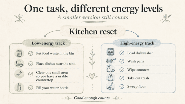 Chart showing how to get unstuck from executive dysfunction with low-energy and high-energy task options.