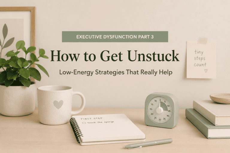 Cozy desk scene for an article about how to get unstuck from executive dysfunction using low-energy strategies.