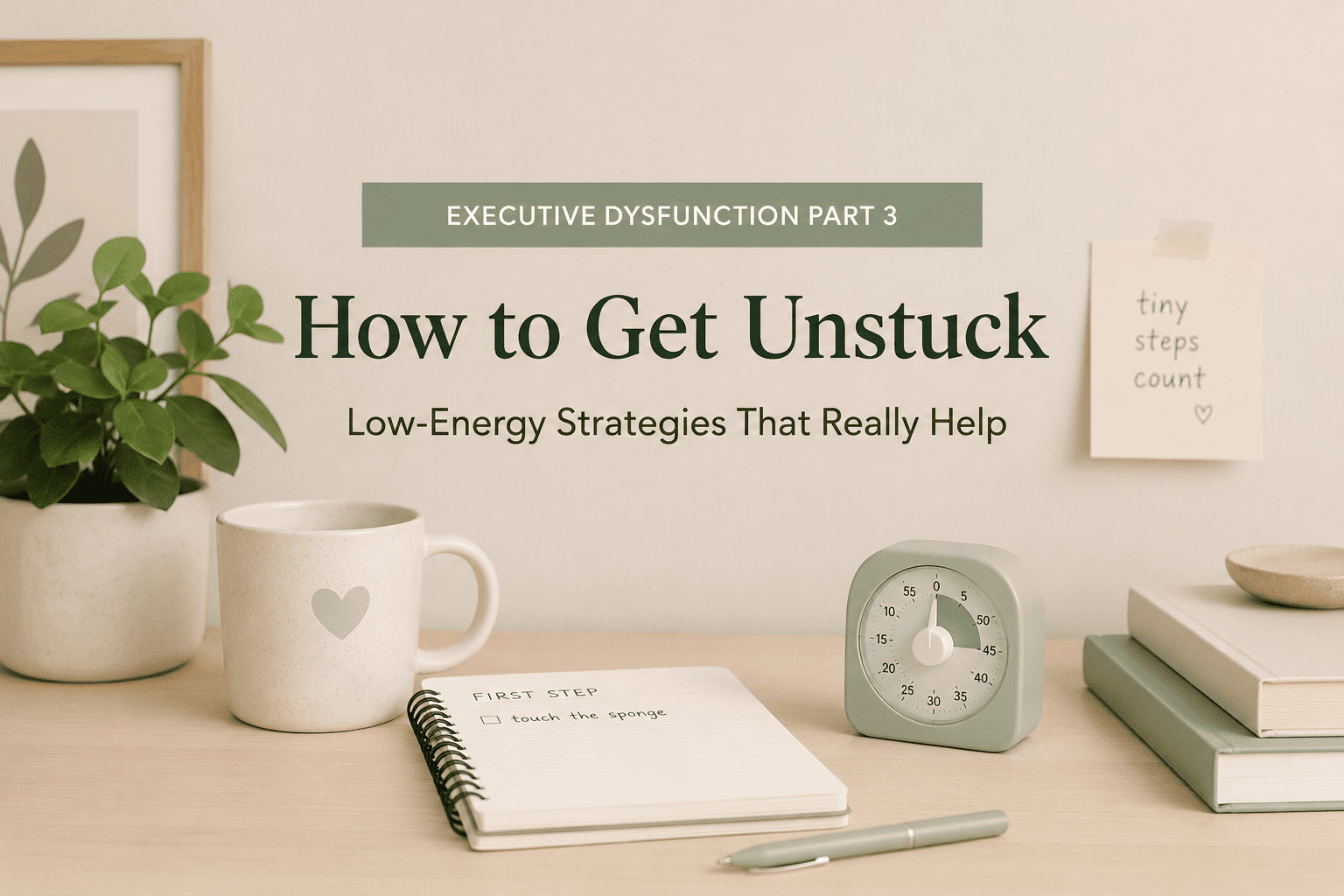 Cozy desk scene for an article about how to get unstuck from executive dysfunction using low-energy strategies.