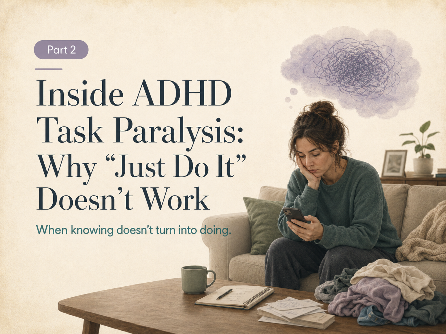 Featured image for a blog post about ADHD task paralysis, showing a woman sitting stuck on a couch while looking at her phone, with a tangled thought cloud above her to represent overwhelm and difficulty starting tasks.
